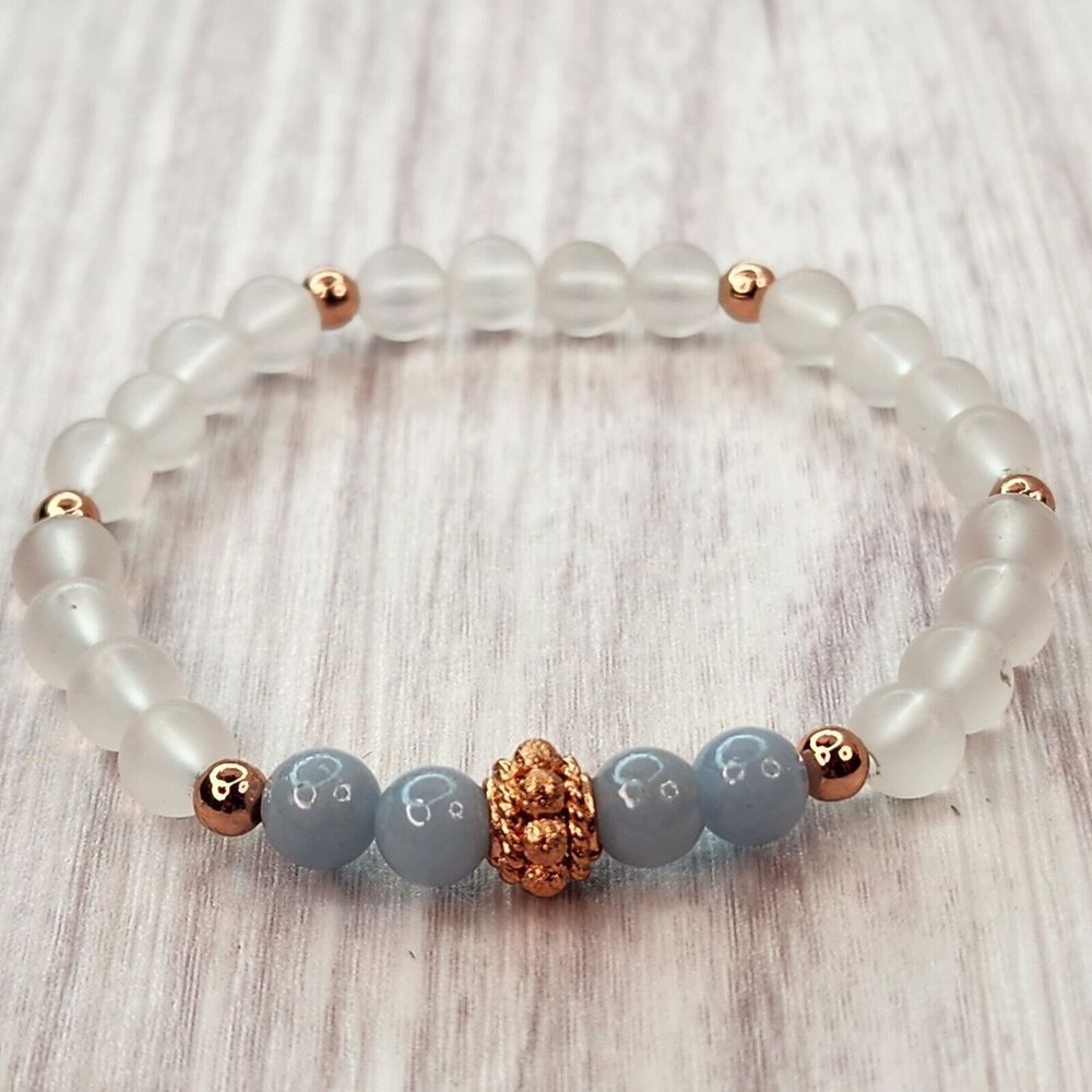 Crystal Bracelet Stretch‎ Women's Matte Quartz Angelite Copper 6mm 7in Gift Box